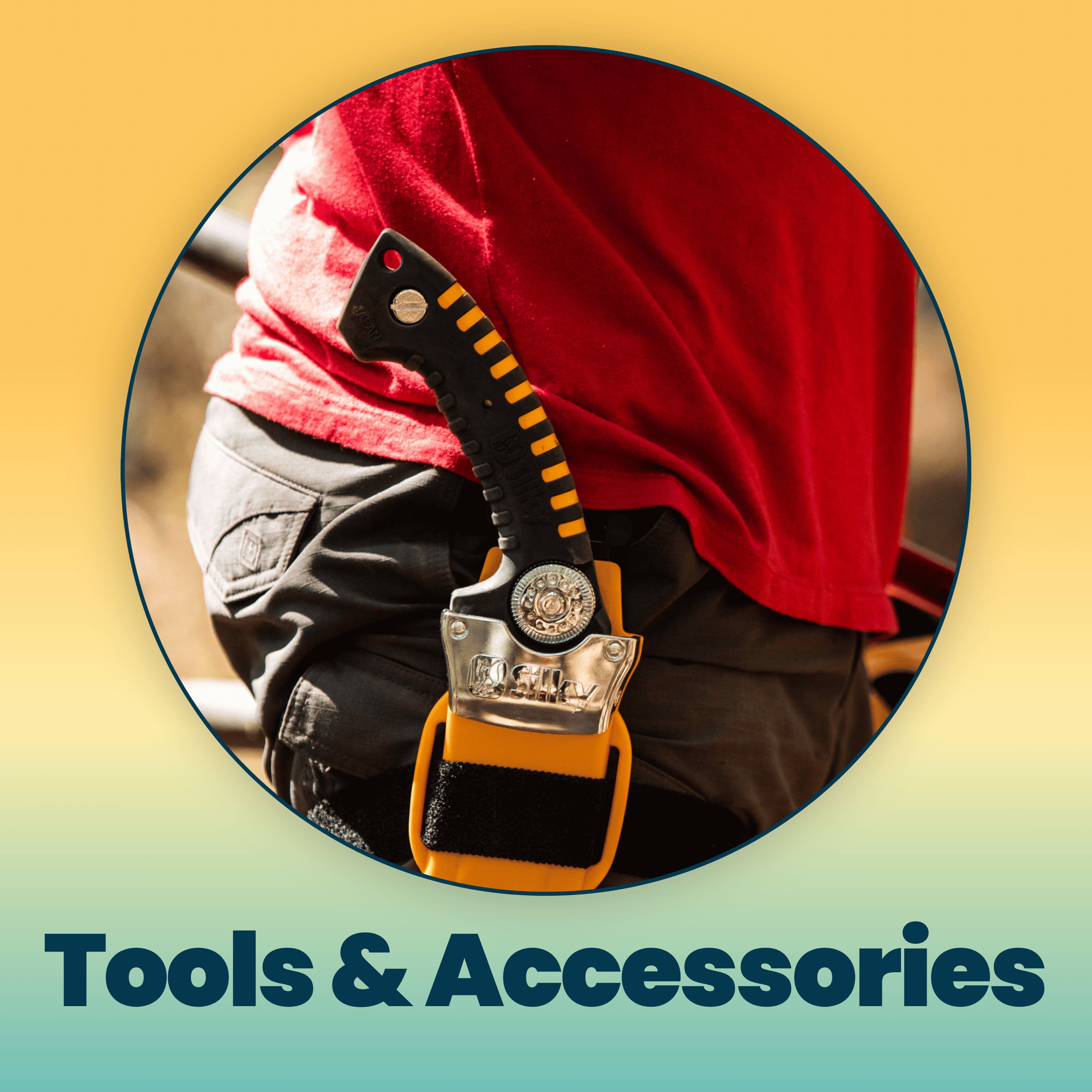 Person wearing a tool belt with tools, labeled 