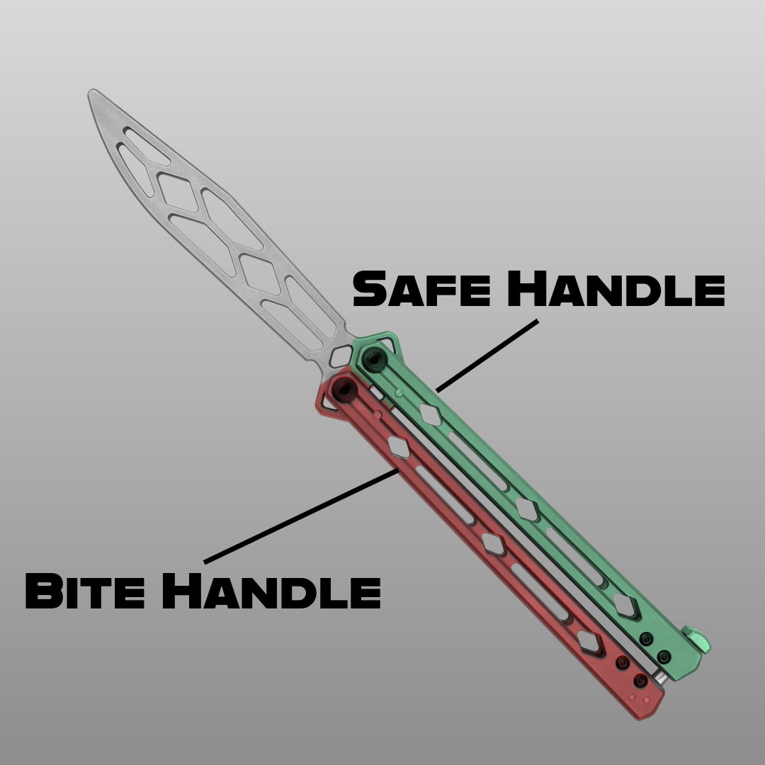 Illustration of a knife highlighting safe and bite handles.
