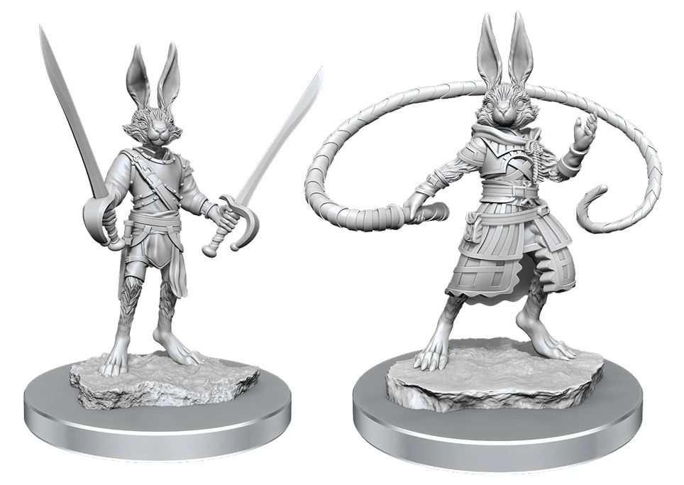 D&D Nolzur's Marvelous Miniatures - Harengon Rogues - Two detailed rabbit figurines with weapons and unique poses.