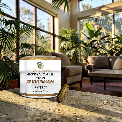 Container of kratom extract in a sunlit, plant-filled room.