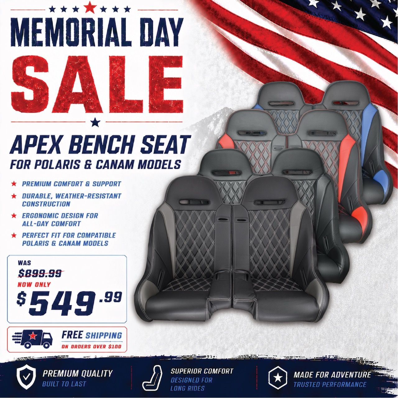 Memorial Day sale for Apex bench seat, discounted price shown.