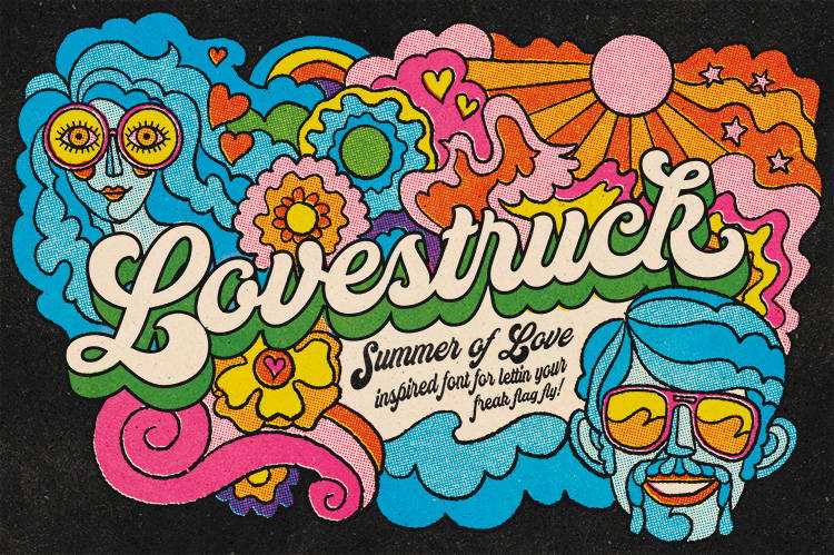 Lovestruck by RetroSupply Co. | A colorful illustration of the word Lovestruck surrounded by a man, a woman, a dove, a sun, and flowing flowers. The man and woman are primarily blue with yellow glasses. The sun is pink and is shining orange and yellow rays. The flowers are multicolored.