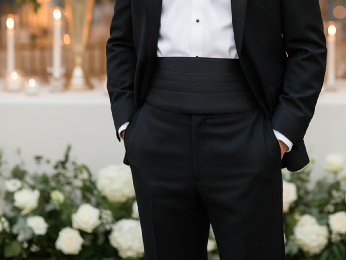 Groom wearing a black tuxedo at a formal event with a clean, modern tailored look and subtle cummerbund styling.