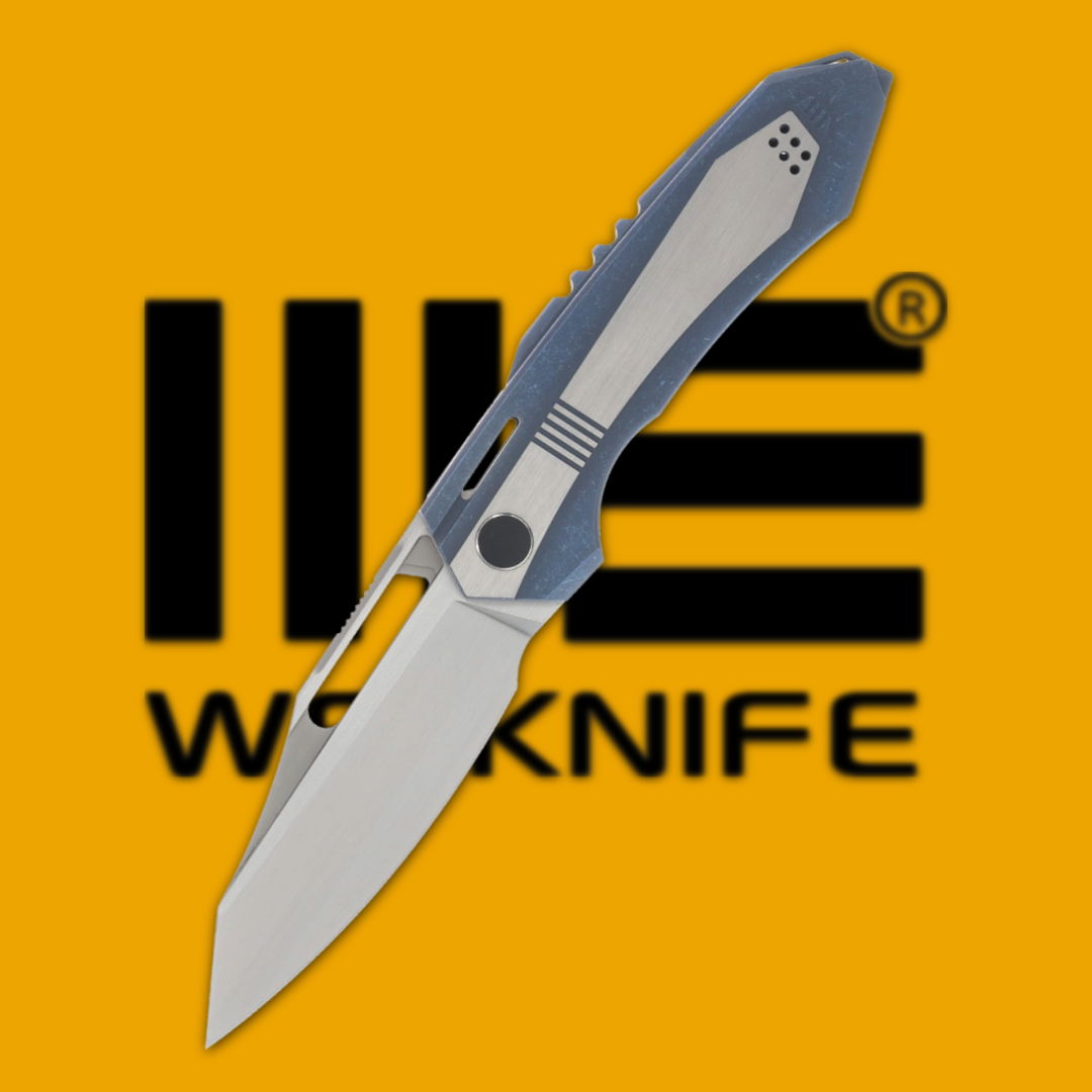 A folding knife on an orange background with the Workknife logo.