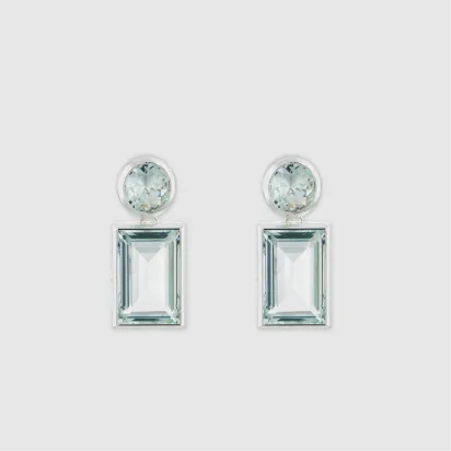 Pair of elegant earrings with rectangular and round gemstones.