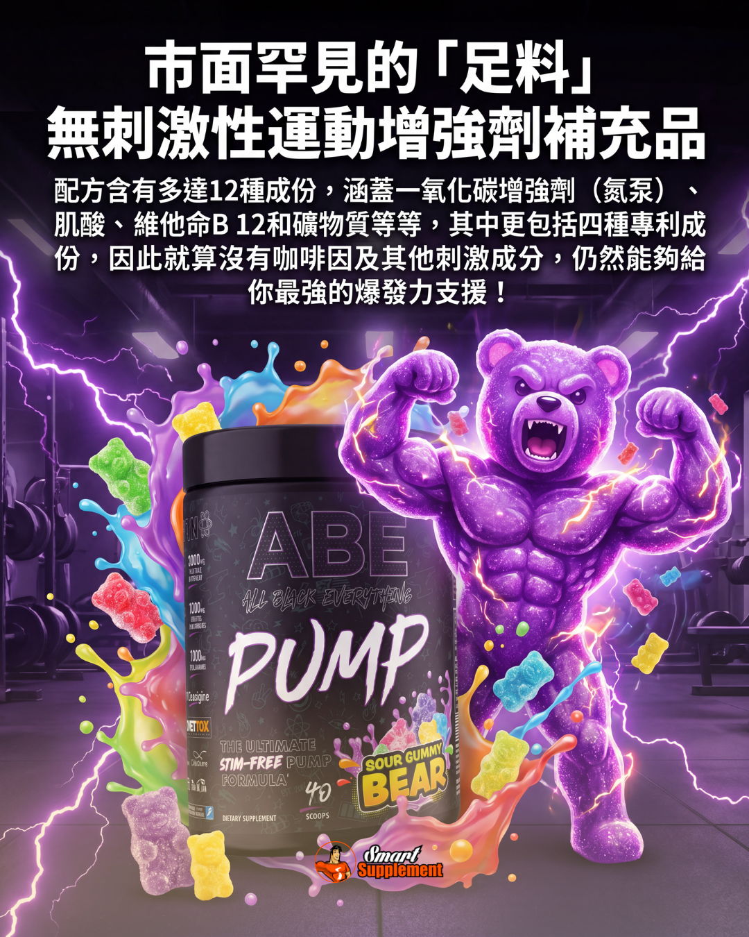Container of workout supplement with a purple bear mascot and colorful candies.