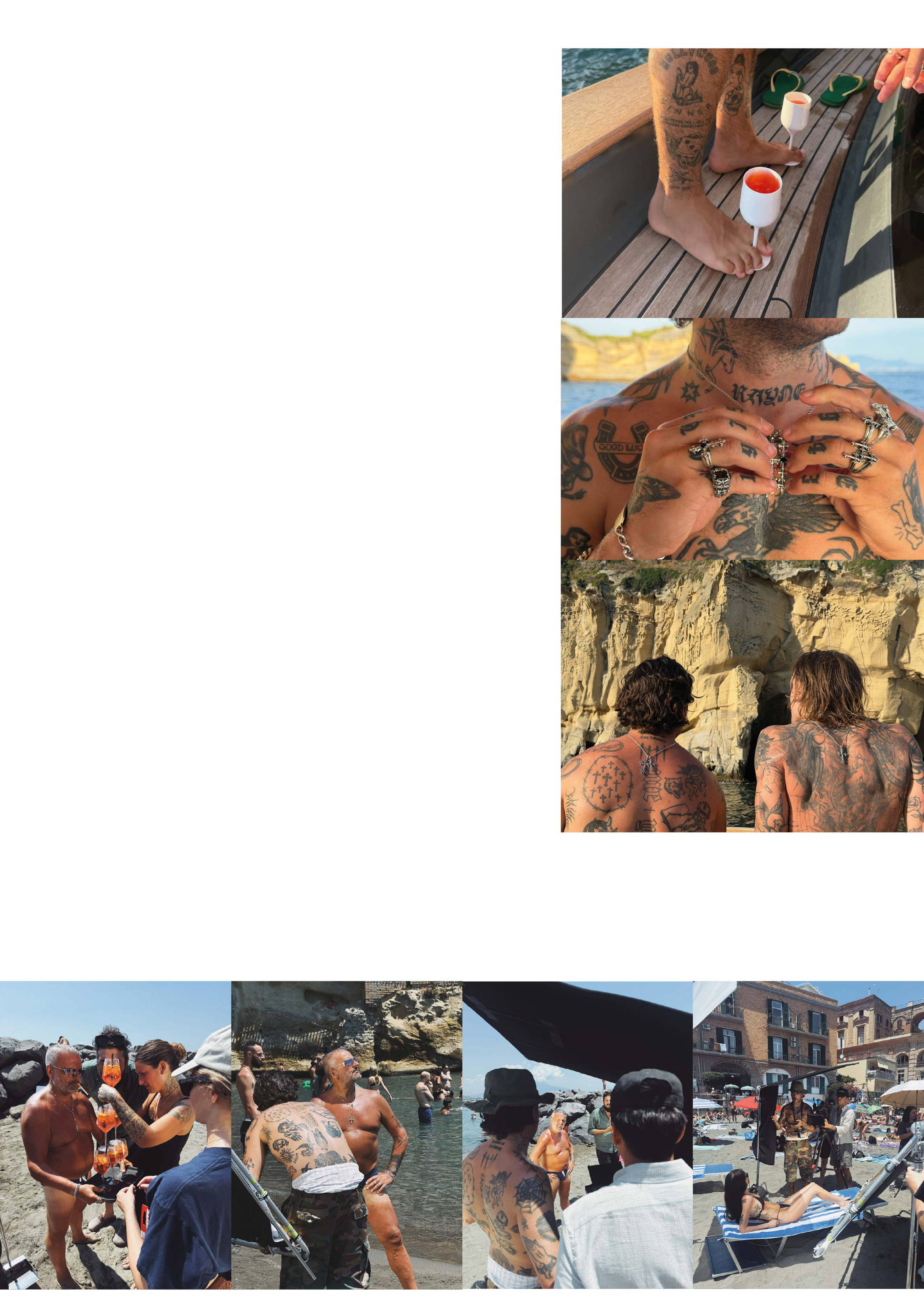 Collage of people at the beach, showcasing tattoos and social interactions.