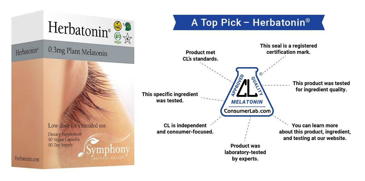 box of herbatonin showing closed eyelid, and consumer lab seal of approval