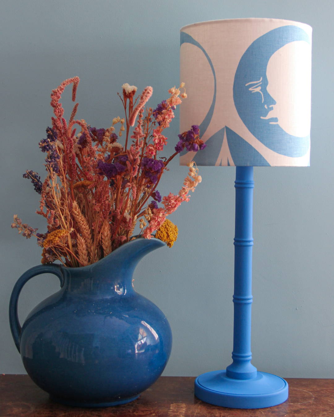 Blue linen lampshade printed with moons