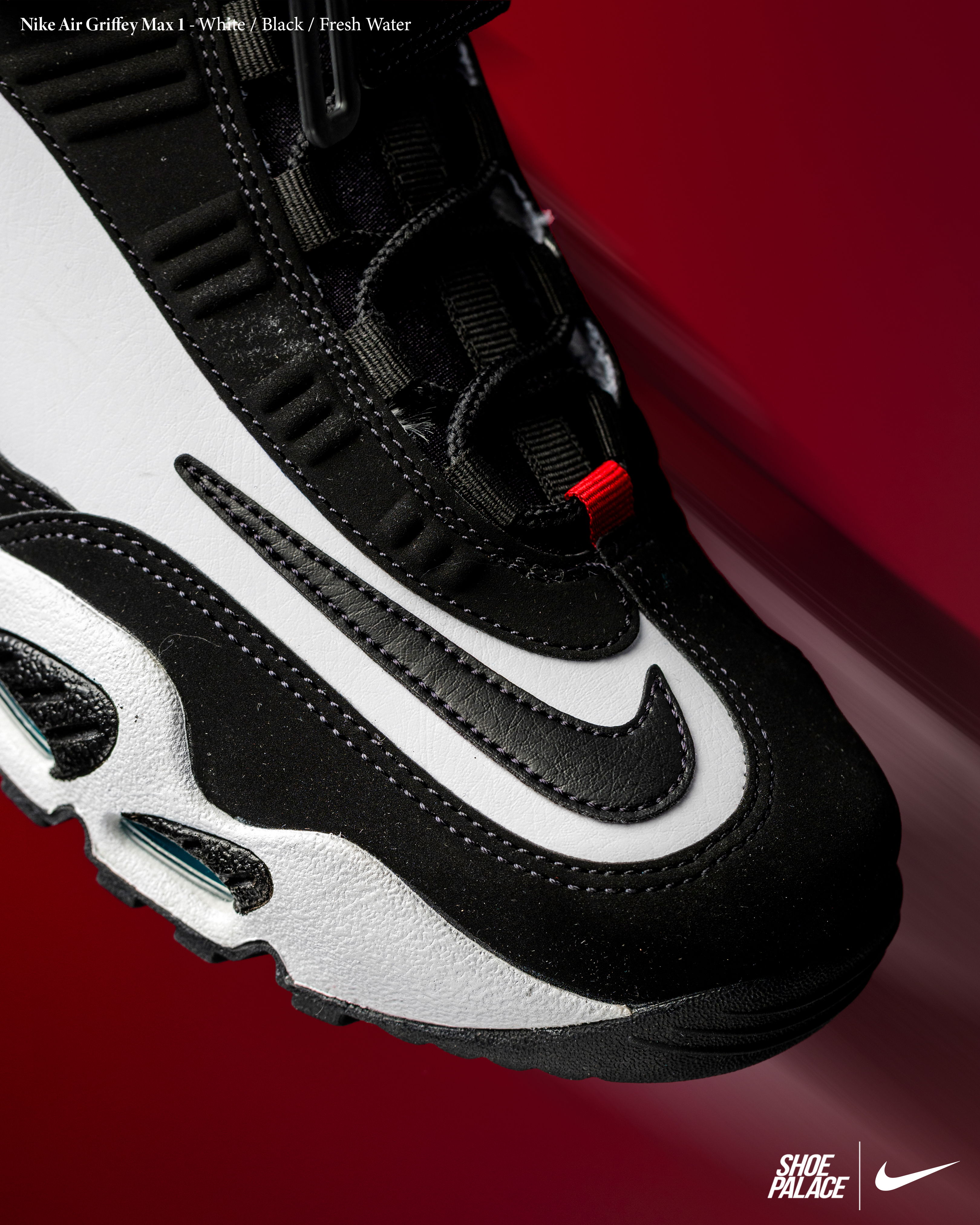 Close-up of a black and white Nike sneaker.
