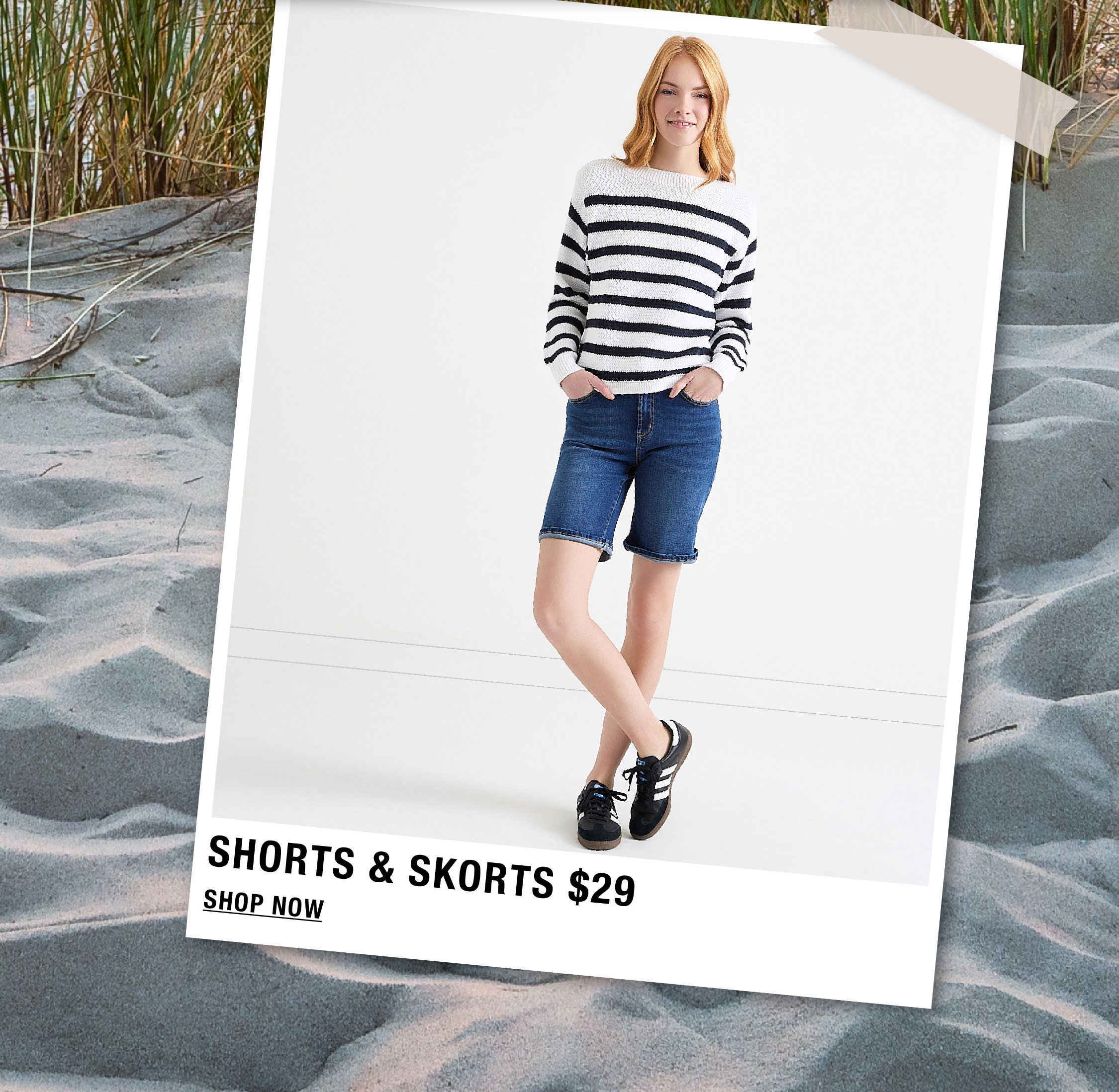 Model wearing striped sweater and denim shorts, promoting shorts and skorts sale.
