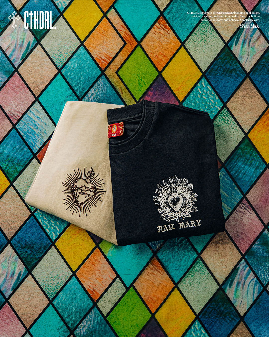 Two t-shirts displayed on a colorful diamond-patterned background.