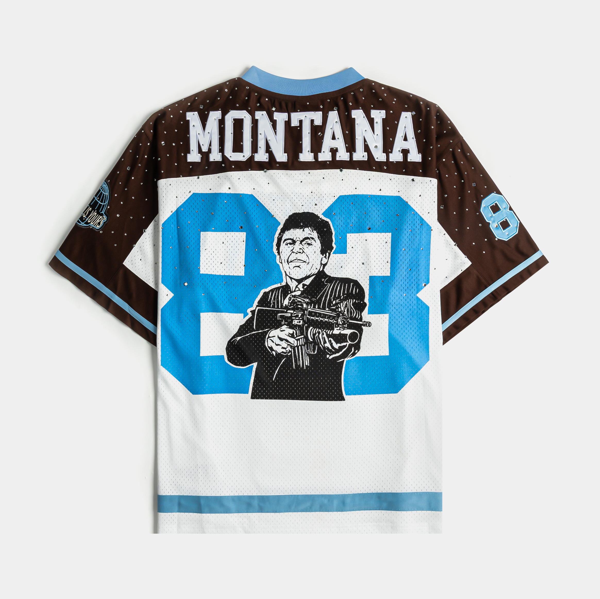 Scarface jersey featuring blue text and 1983 design elements.