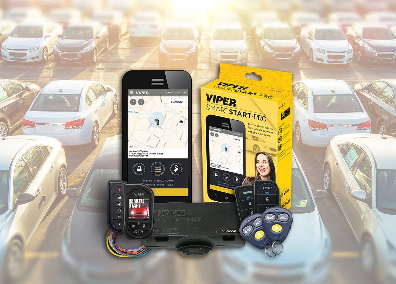 A parking lot full of cars background  with examples of Viper security system products in front of it