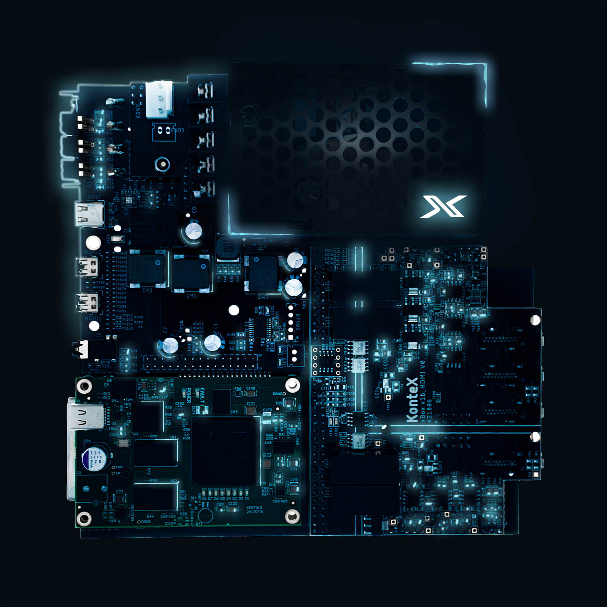 The XDAQ ™' s main board is full of detailed components.