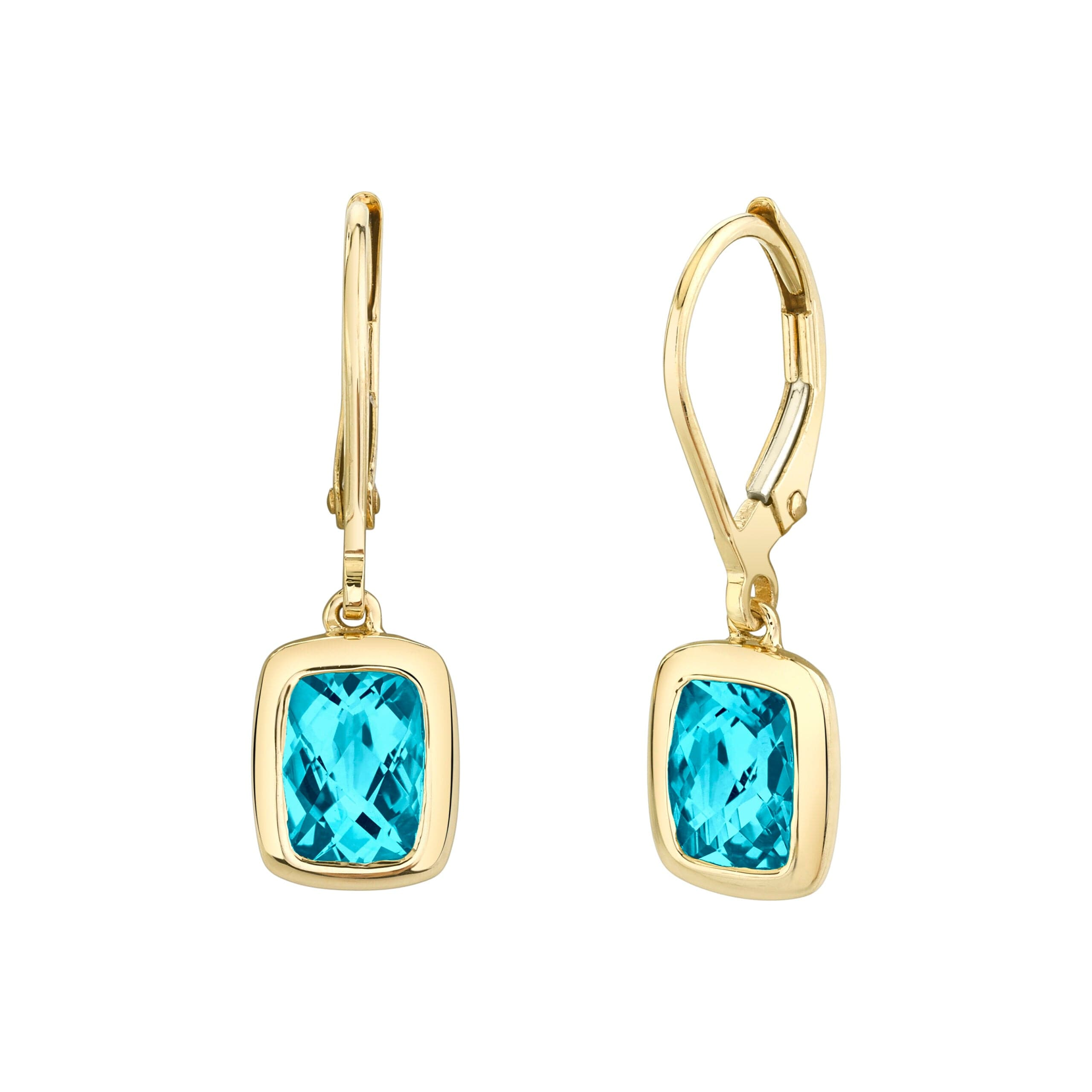 blue zircon dangle earrings in yellow gold