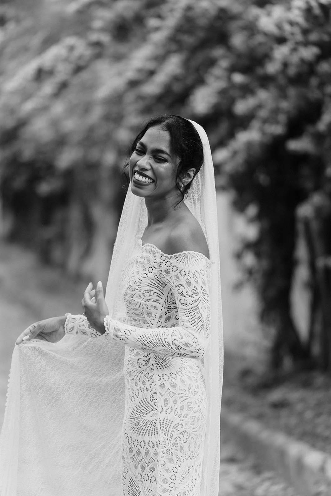 Bride in nathalia gown and chantilly veil