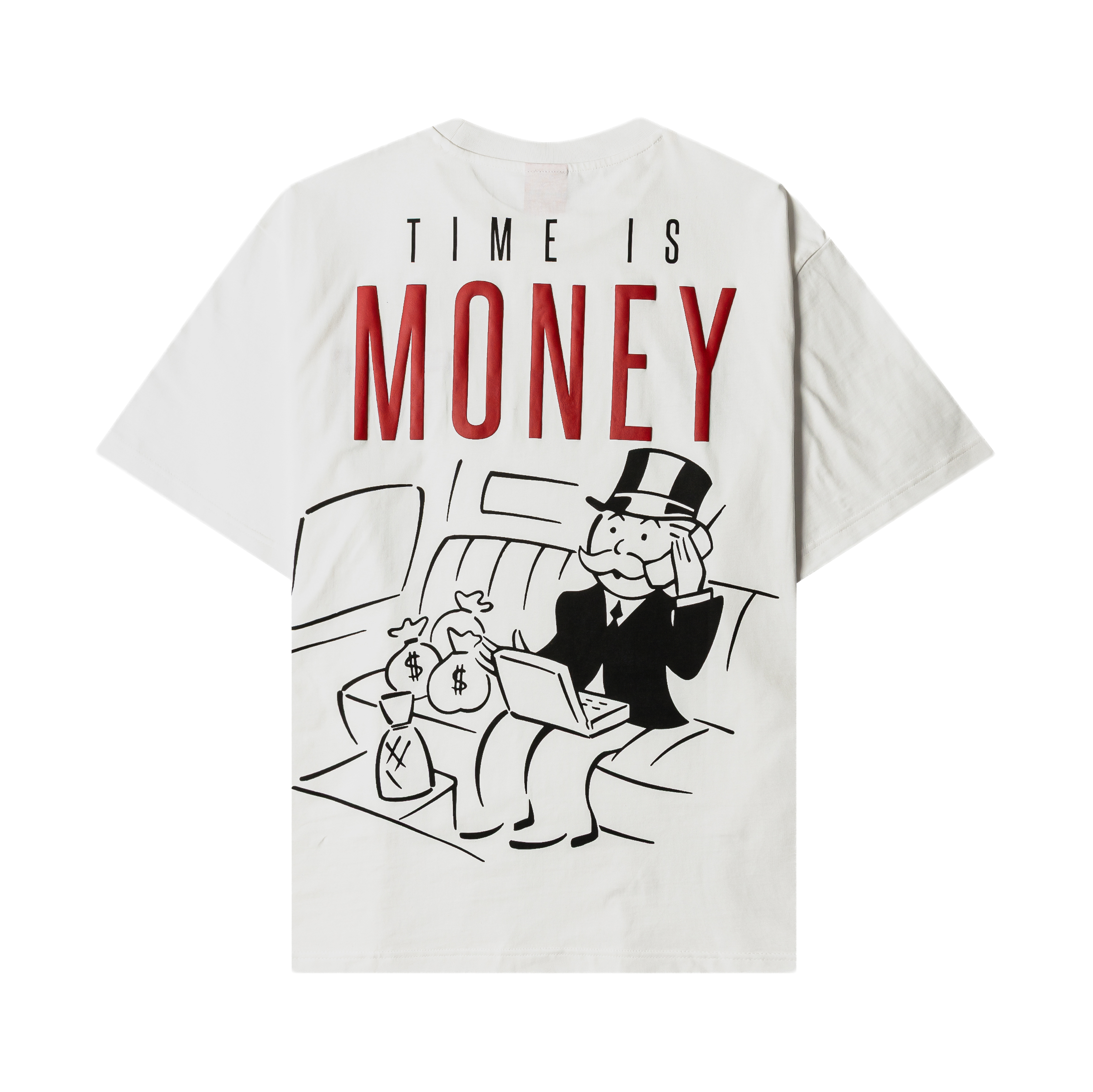 White t-shirt with graphic design and logo on the chest.