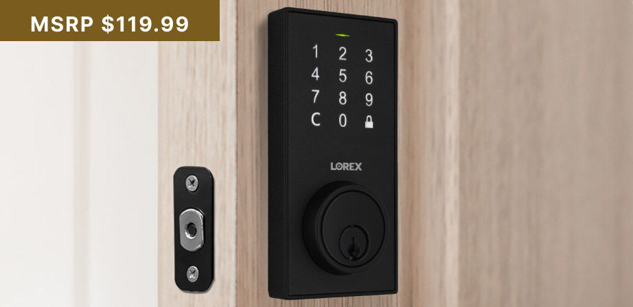 Lorex Smart Door Lock with touchscreen keypad installed on a door, featured as the monthly raffle prize for the Lorex for Business X Series review program