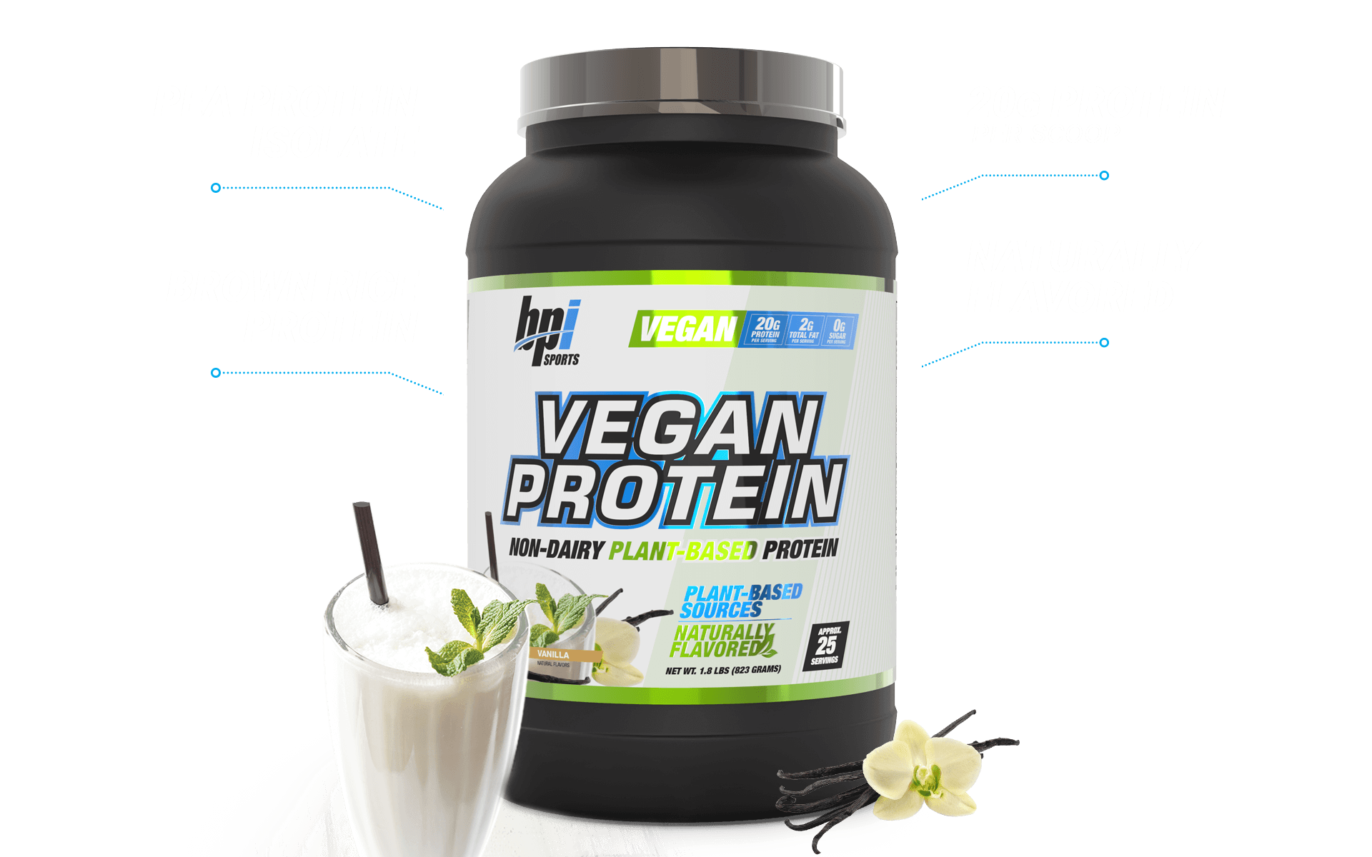 Envase de proteína vegana en polvo con beneficios, fotos de un batido de proteína vegana en un vaso y vainas de vainilla y flor