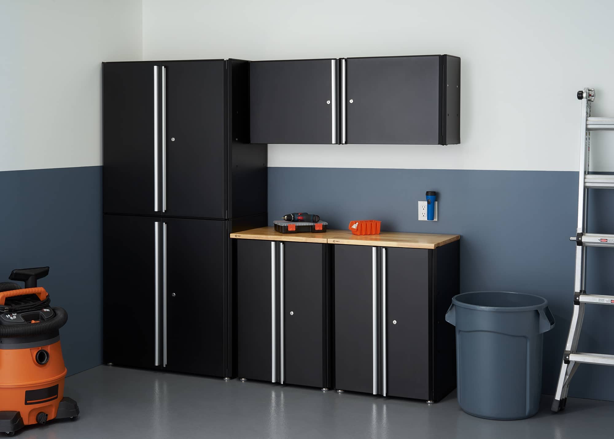 6 piece garage cabinet: 2 base cabinets with wood top, 2 wall cabinets, and 2 modular cabinets stacked together