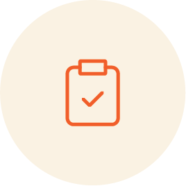 Clipboard icon with a checkmark inside a circular background.
