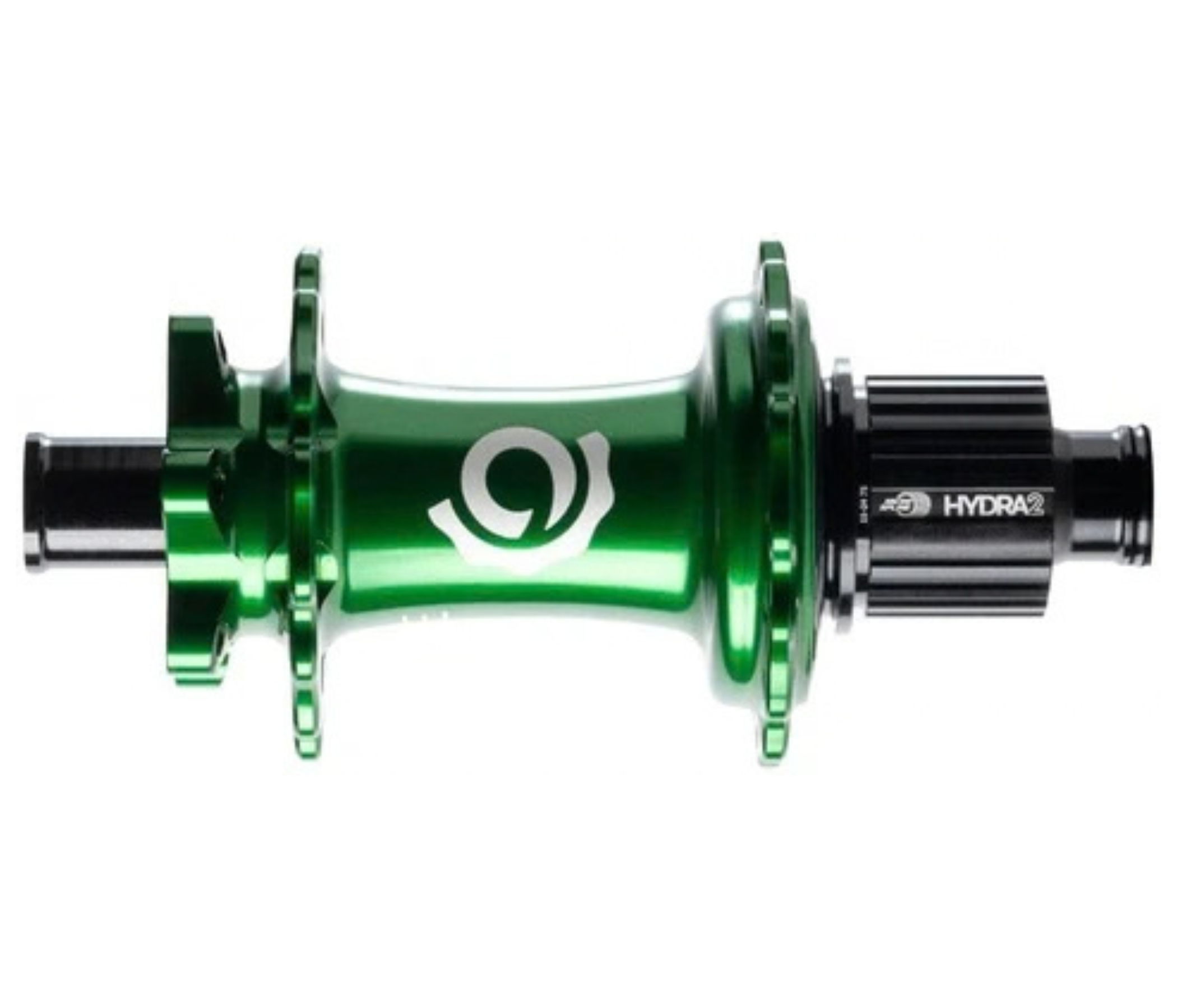 Green bicycle hub with black components and logo.