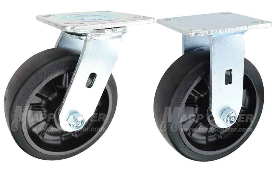 Swivel & Rigid plate casters with Rubber on Nylon wheels that offer a smooth & cushioned ride for rough & uneven floors