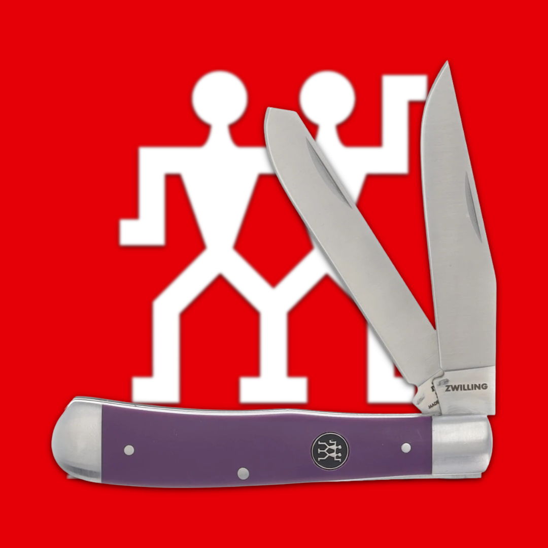 Purple-handled folding knife with two blades and a red background.