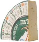 A wedge of cheese with packaging labels and a logo.