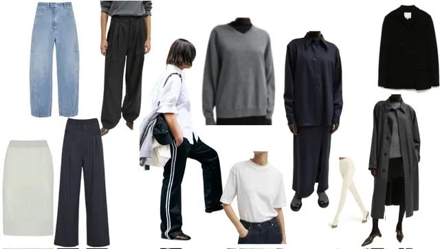Collage of various clothing items including pants, sweaters, and skirts.