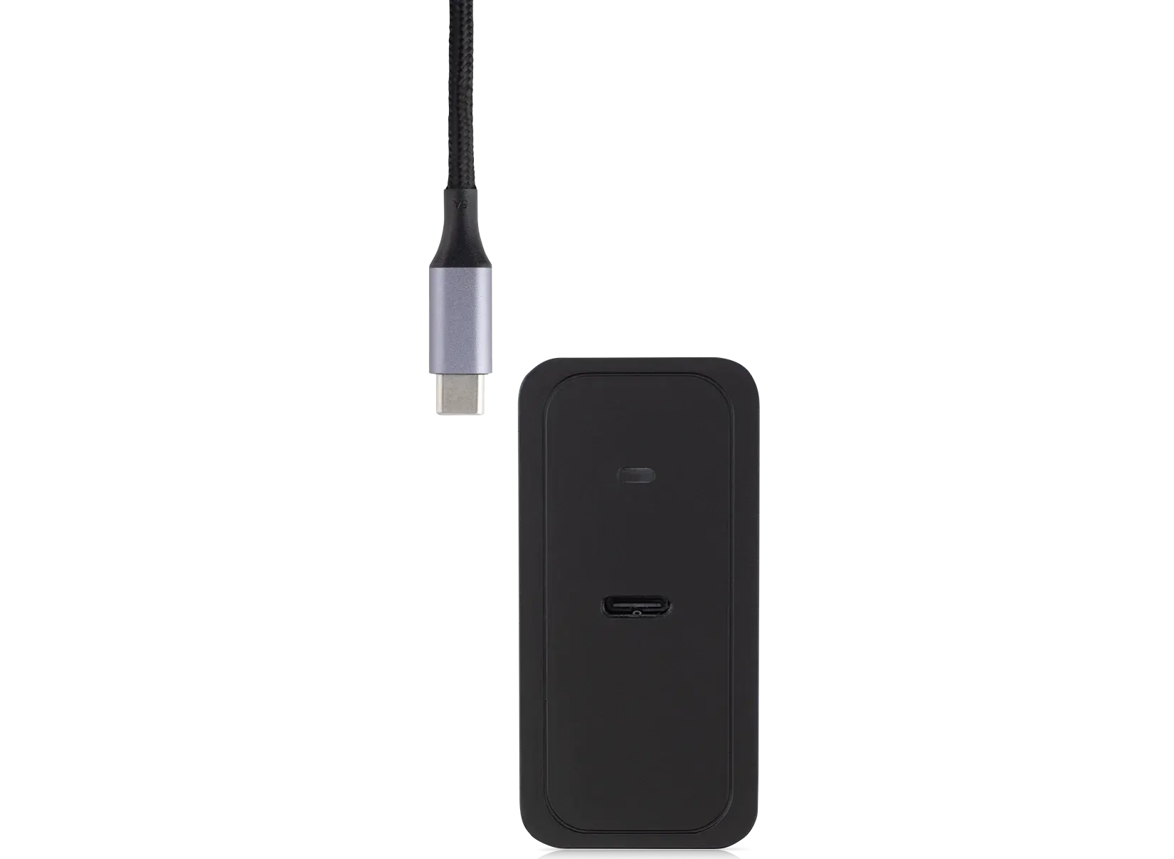 Black device with USB-C port and cable attached.