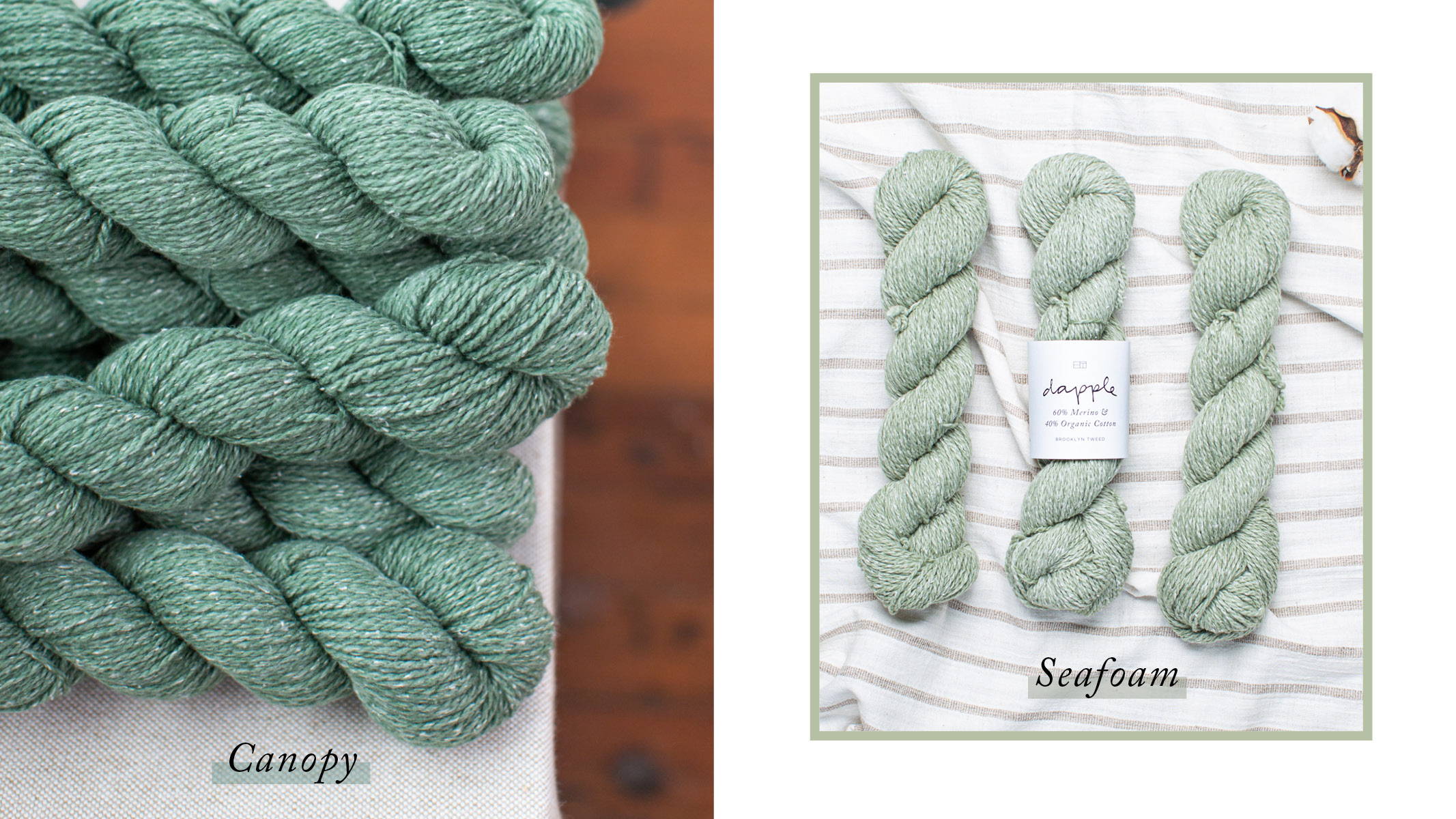 Right: three skeins of Dapple Seafoam in a neat row with the middle skein labeled on a white and beige striped linen fabric. Left: a large pile of Dapple Canopy skeins on a table.