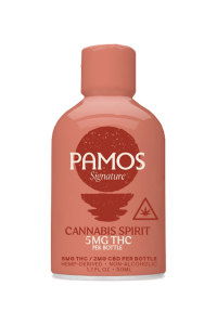 Bottle of Pamos Cannabis Spirit, 5 mg THC, pink packaging.