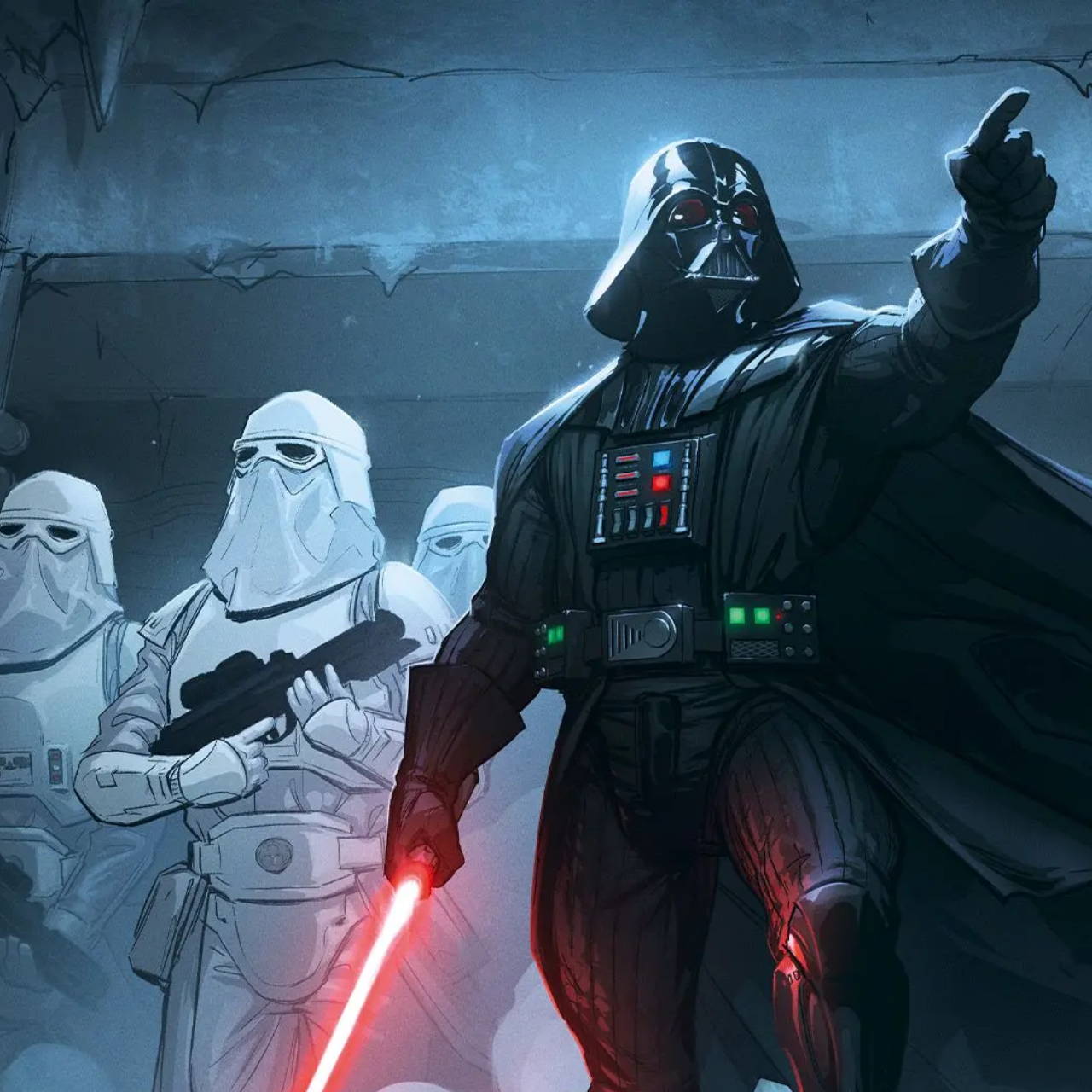 Darth Vader leading stormtroopers with red lightsaber drawn