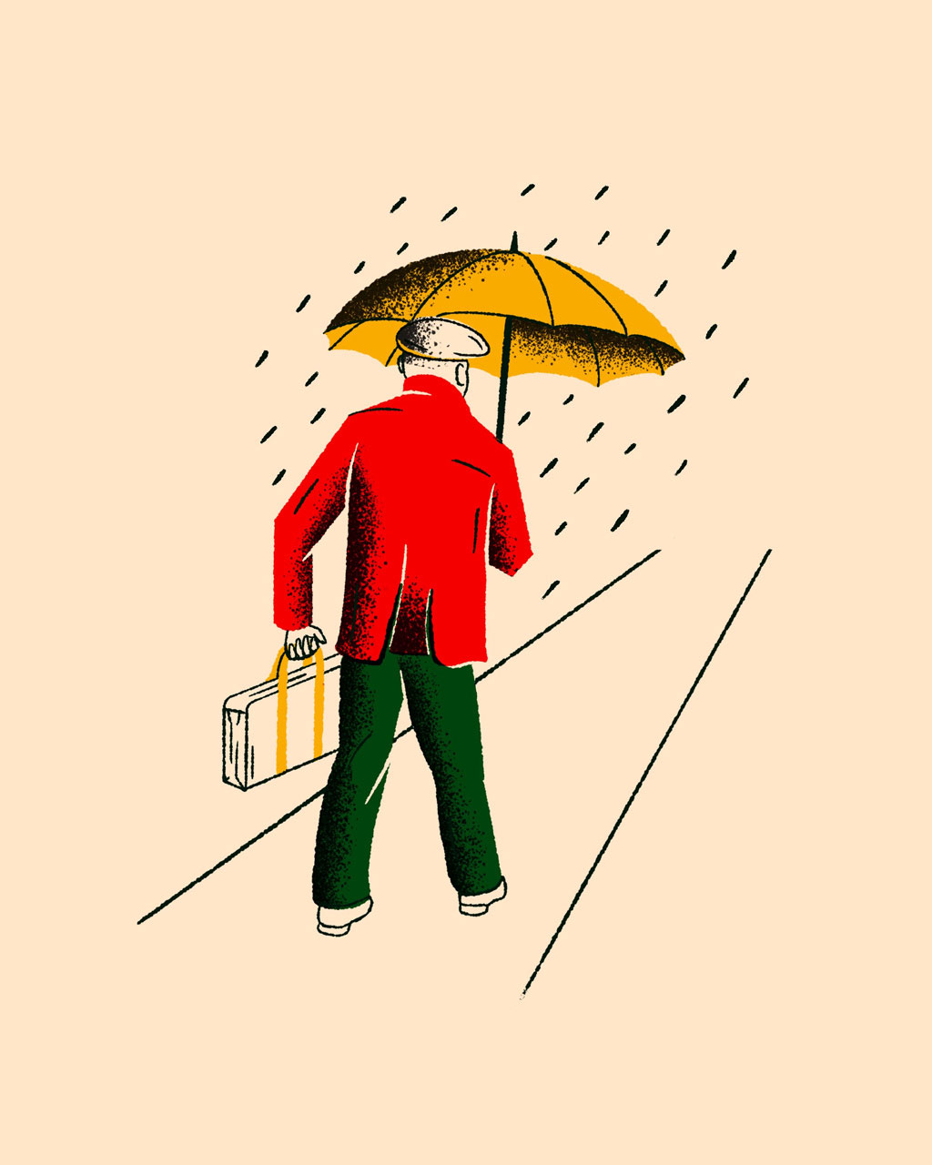 Illustration of man with umbrella and briefcase walking in the rain.
