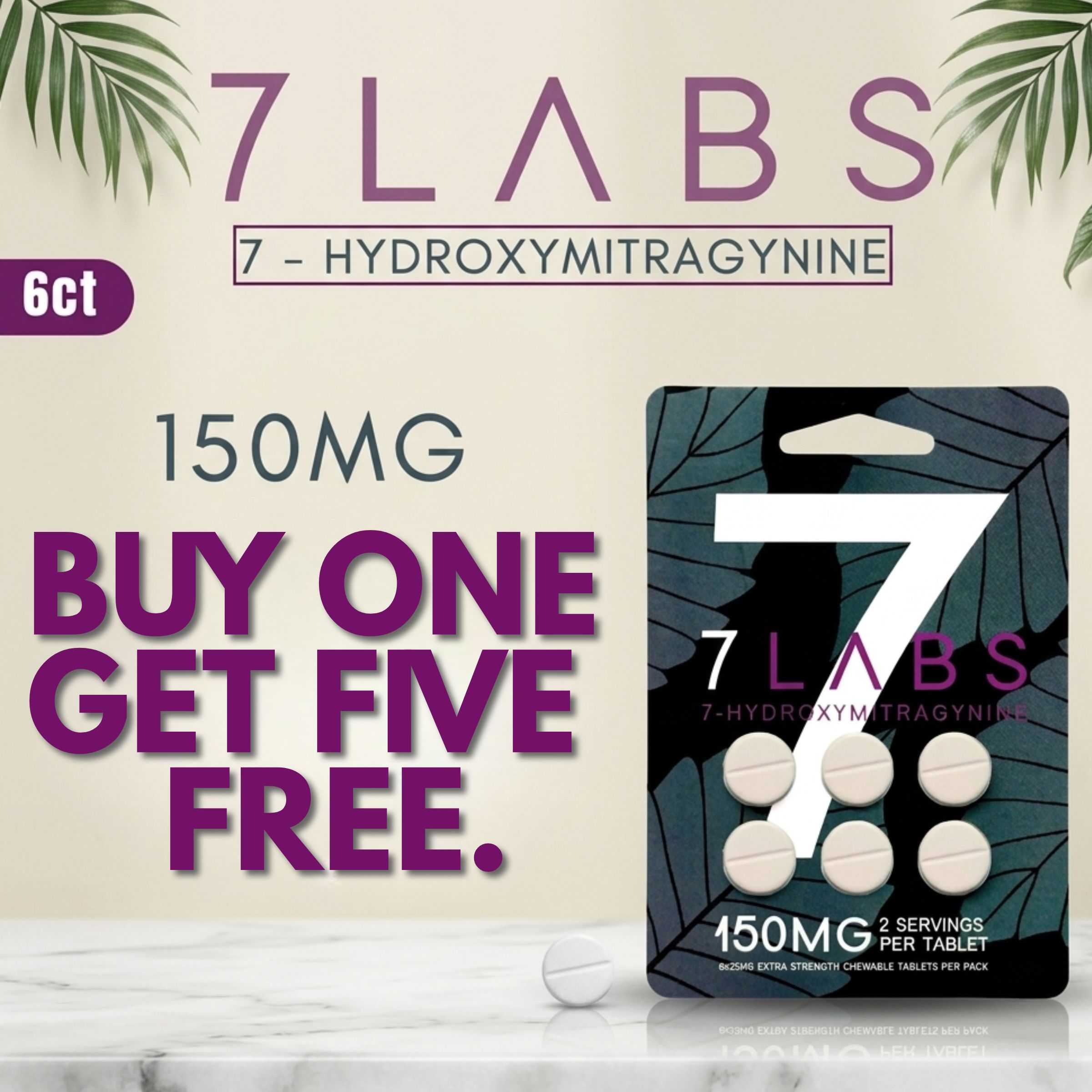 7 Labs 150MG supplement, buy one get five free promotion.