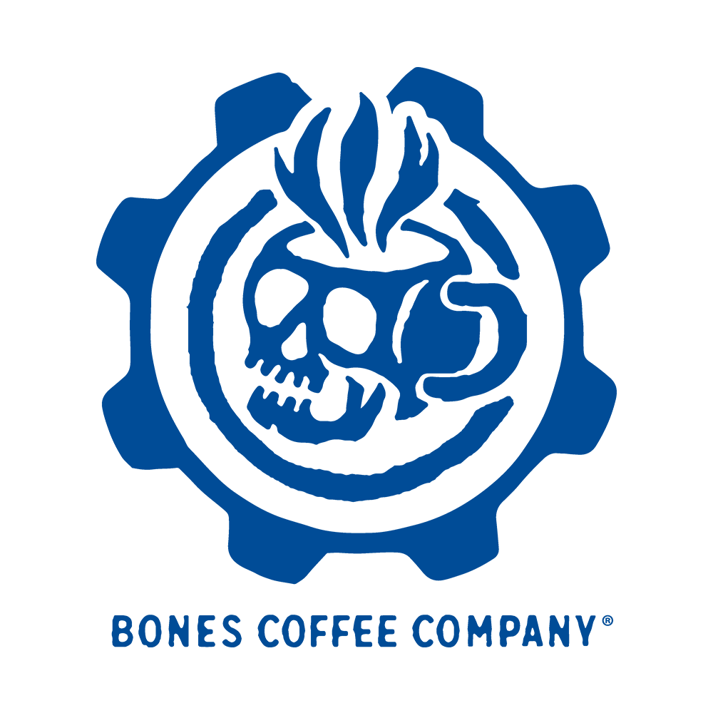 A dark blue Bones Coffee Company logo with a mug that looks like a skull with steam coming out of the top of it. A dark blue gear surrounds the logo.