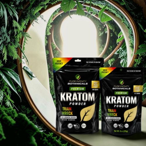 Two bags of Kratom powder surrounded by green foliage.
