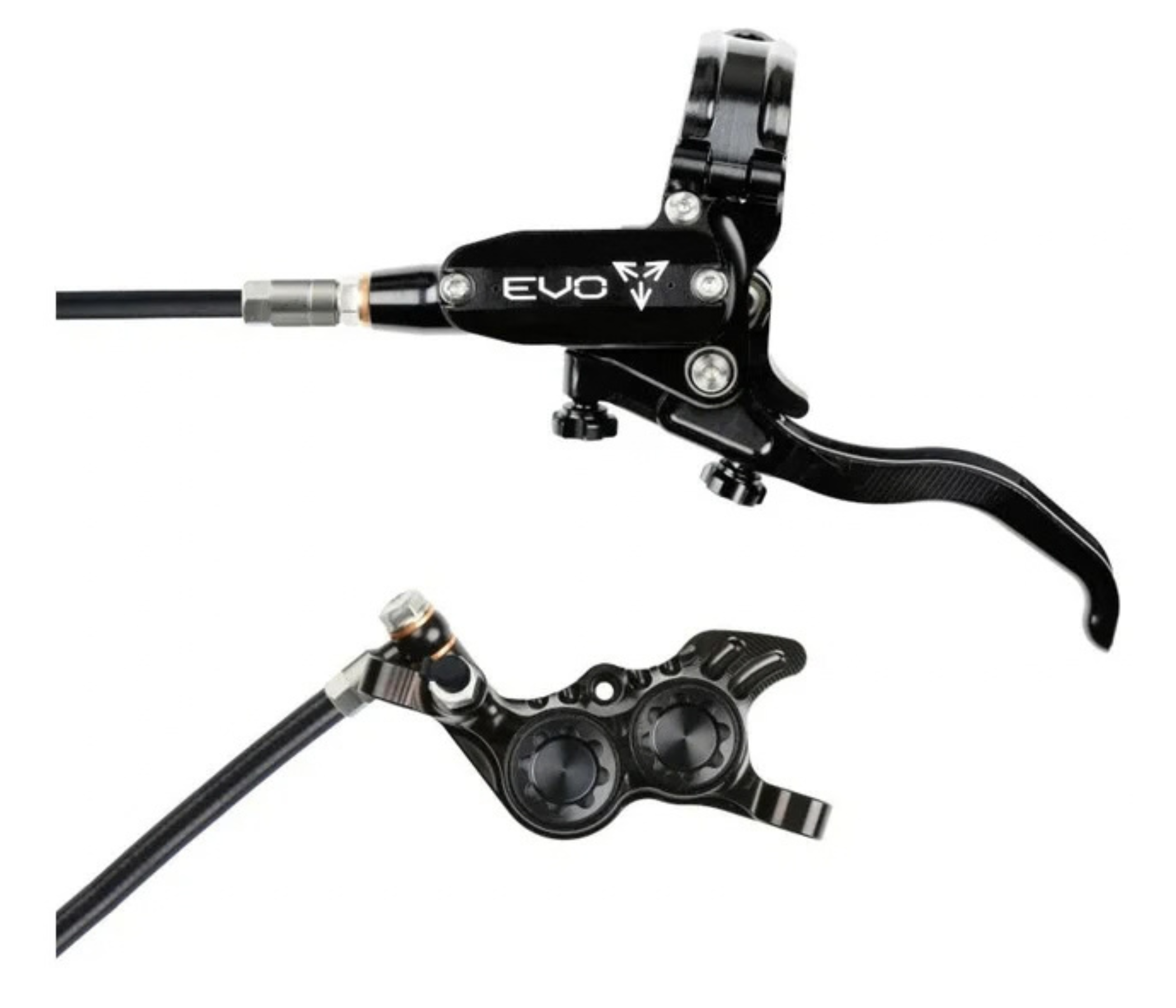 Black bicycle brake lever and caliper assembly.