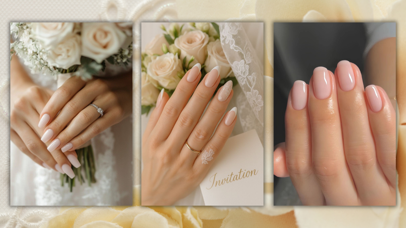 Close-up of bridal manicure in sheer white nail polish creating a soft, airy wedding glow