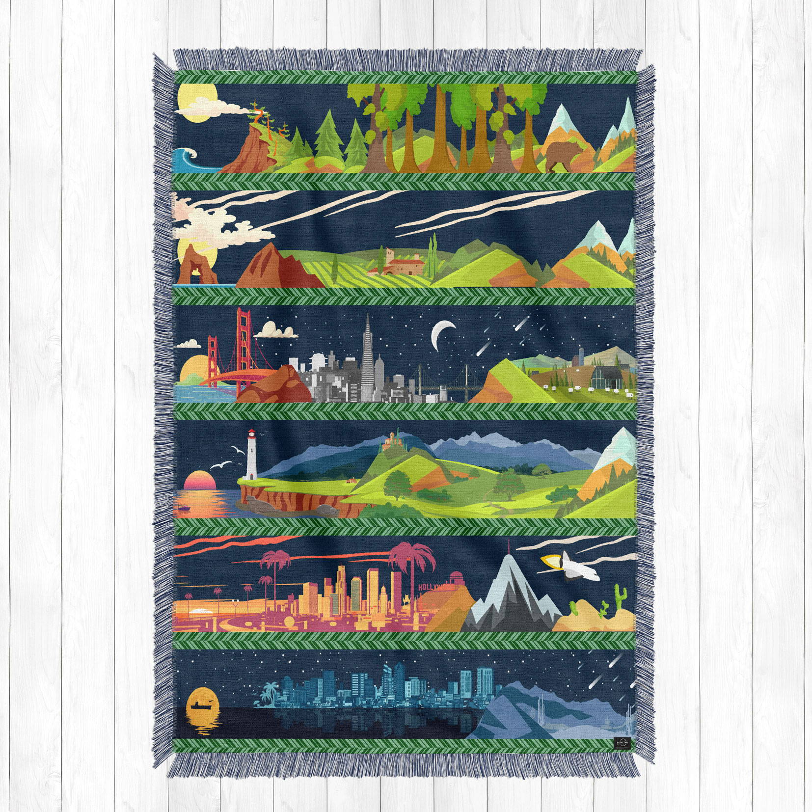 illustrated artwork of california state from north to south as a cotton woven blanket