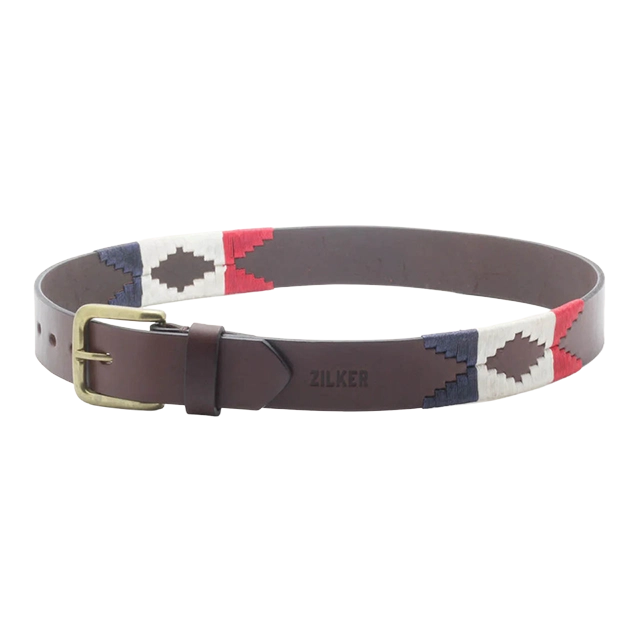 Colorful patterned belt with leather strap and gold buckle.