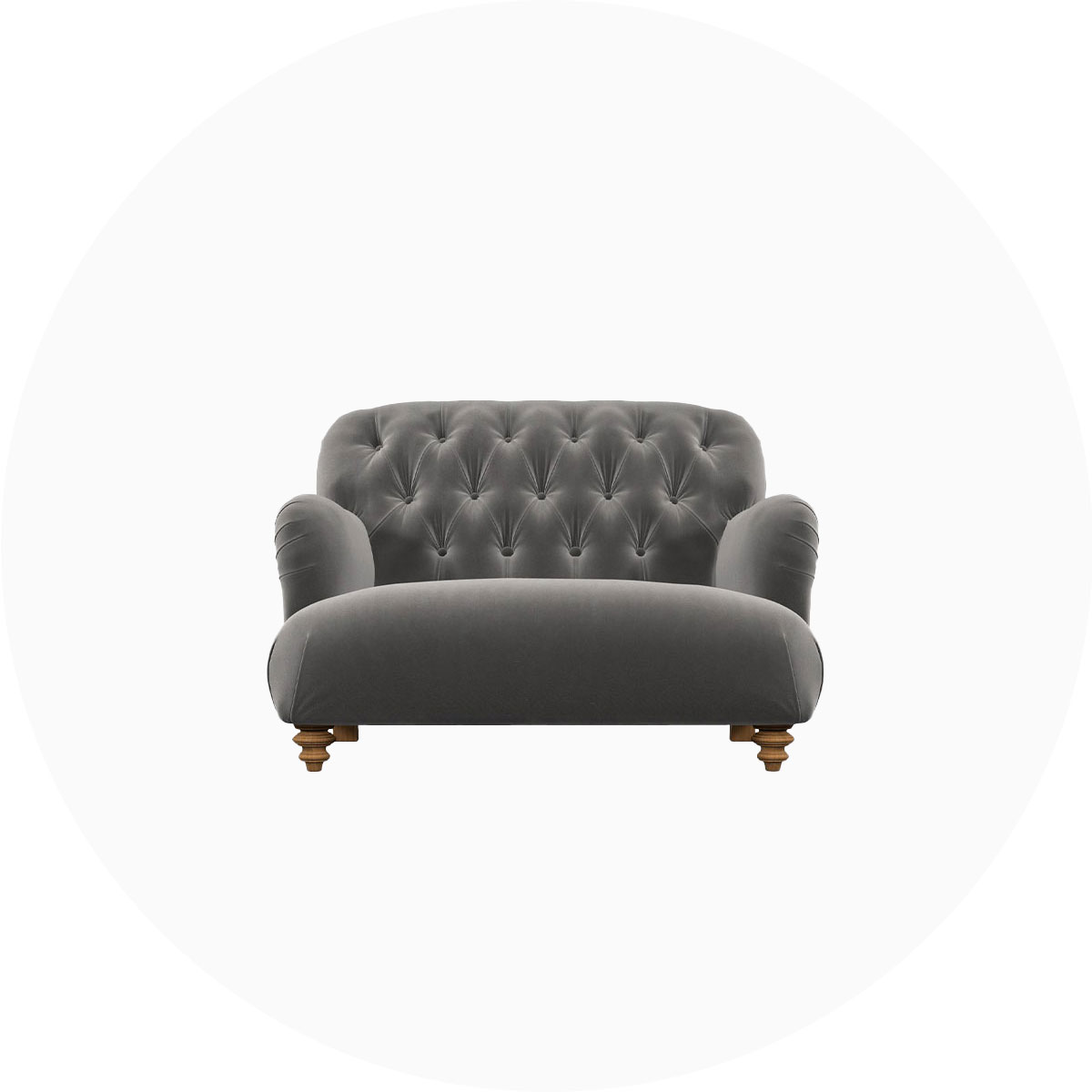 Grey traditional tufted loveseat with rounded arms and wooden legs.