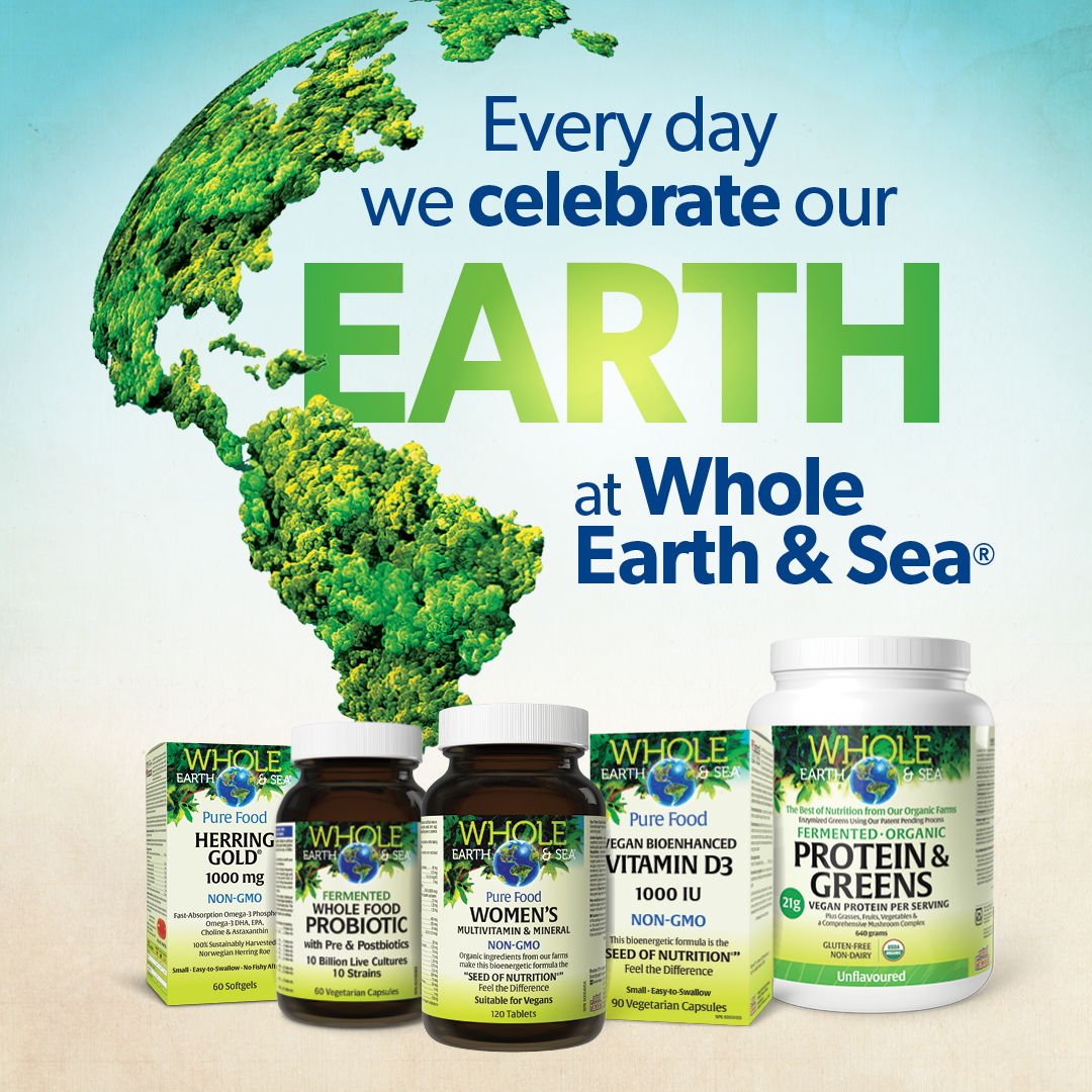 Products from Whole Earth & Sea with Earth-themed design and celebratory text.