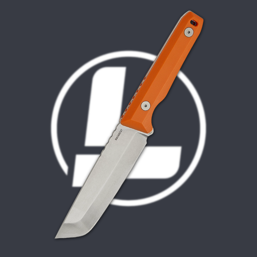 Orange-handled knife against a dark background with a circular logo.