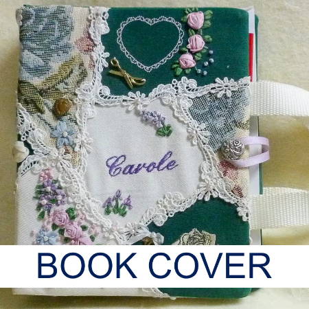 A handmade quilted book cover with little decorations