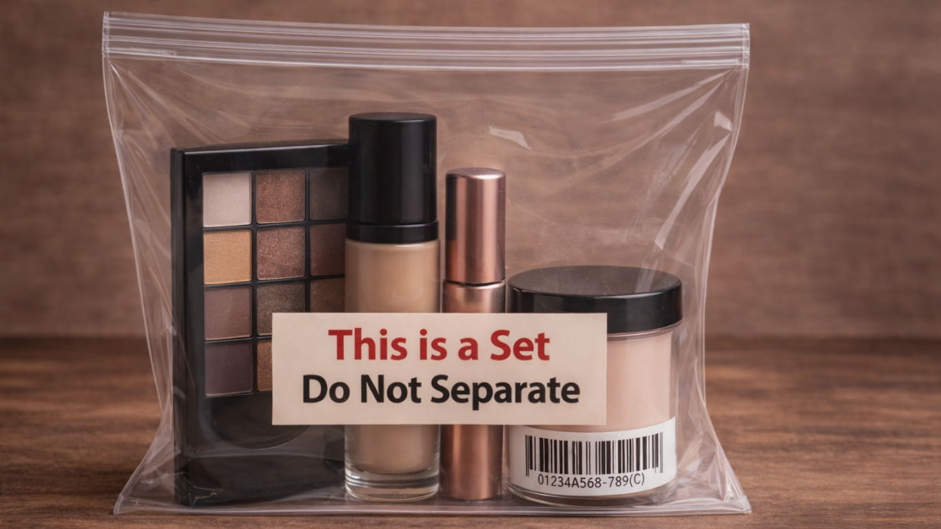 Bundled makeup products sealed in a clear polybag labeled “This is a Set Do Not Separate” for Amazon FBA prep