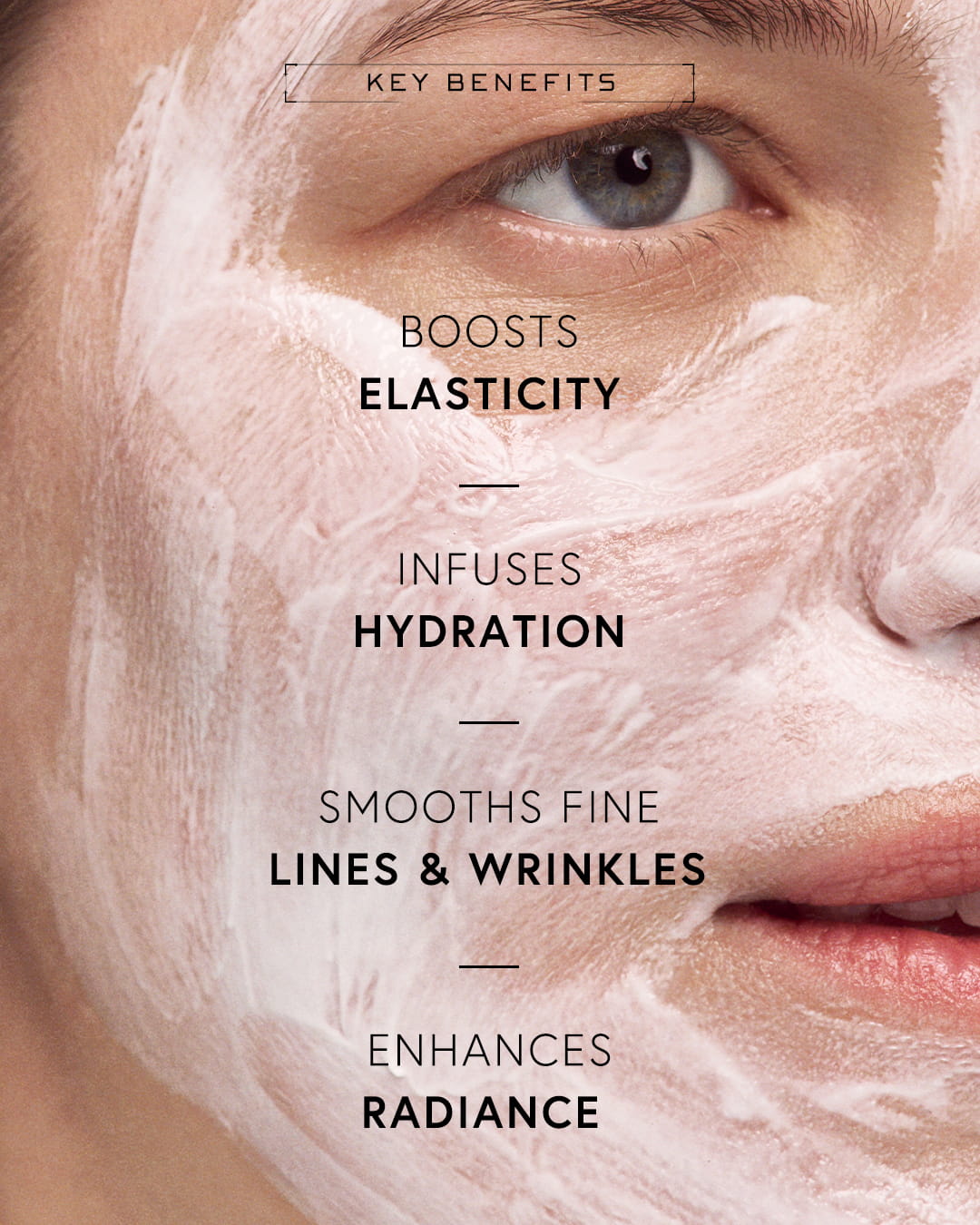 Close-up of a face with a facial mask, highlighting skin benefits.