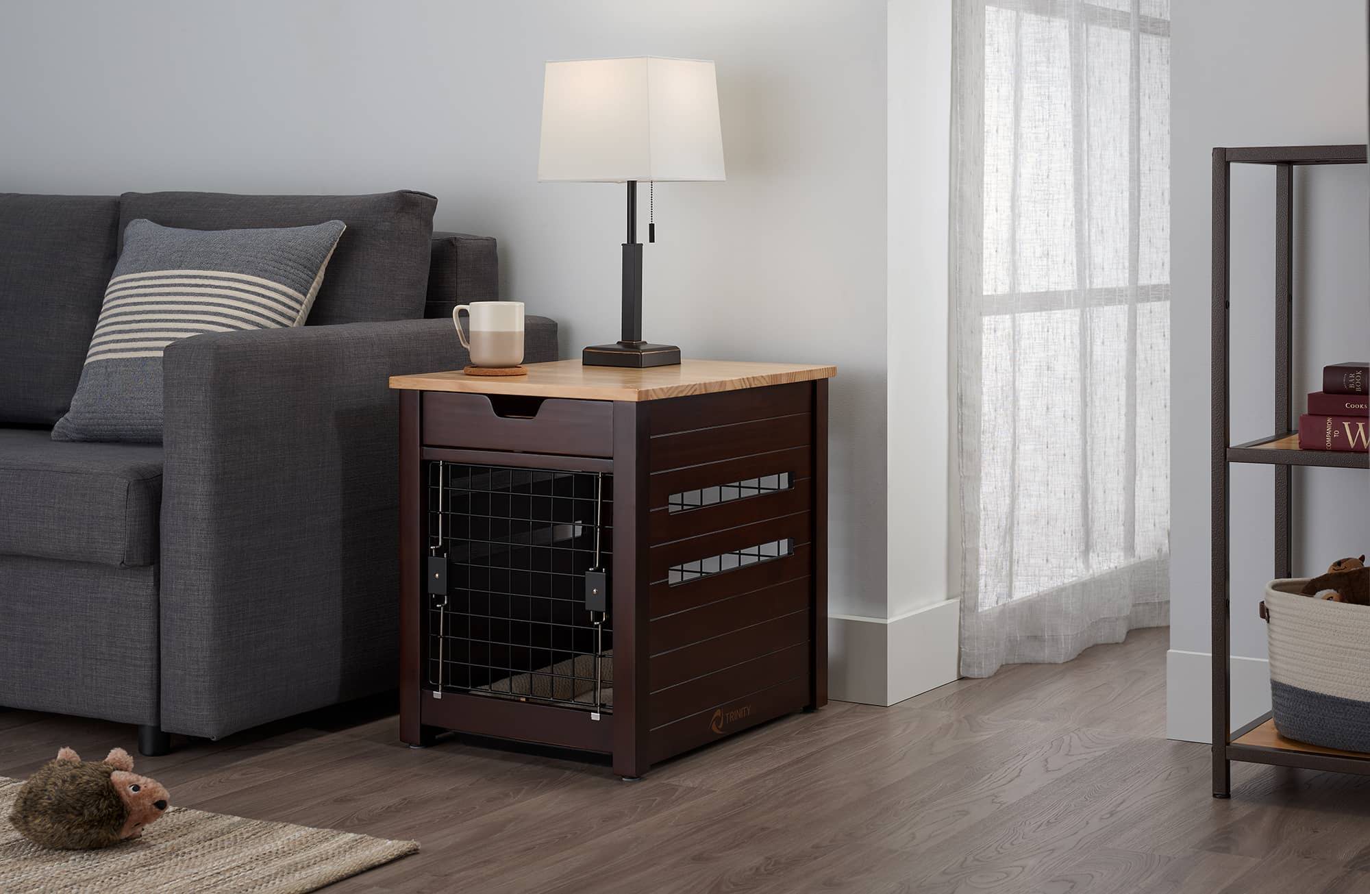pet crate end table design in a living room